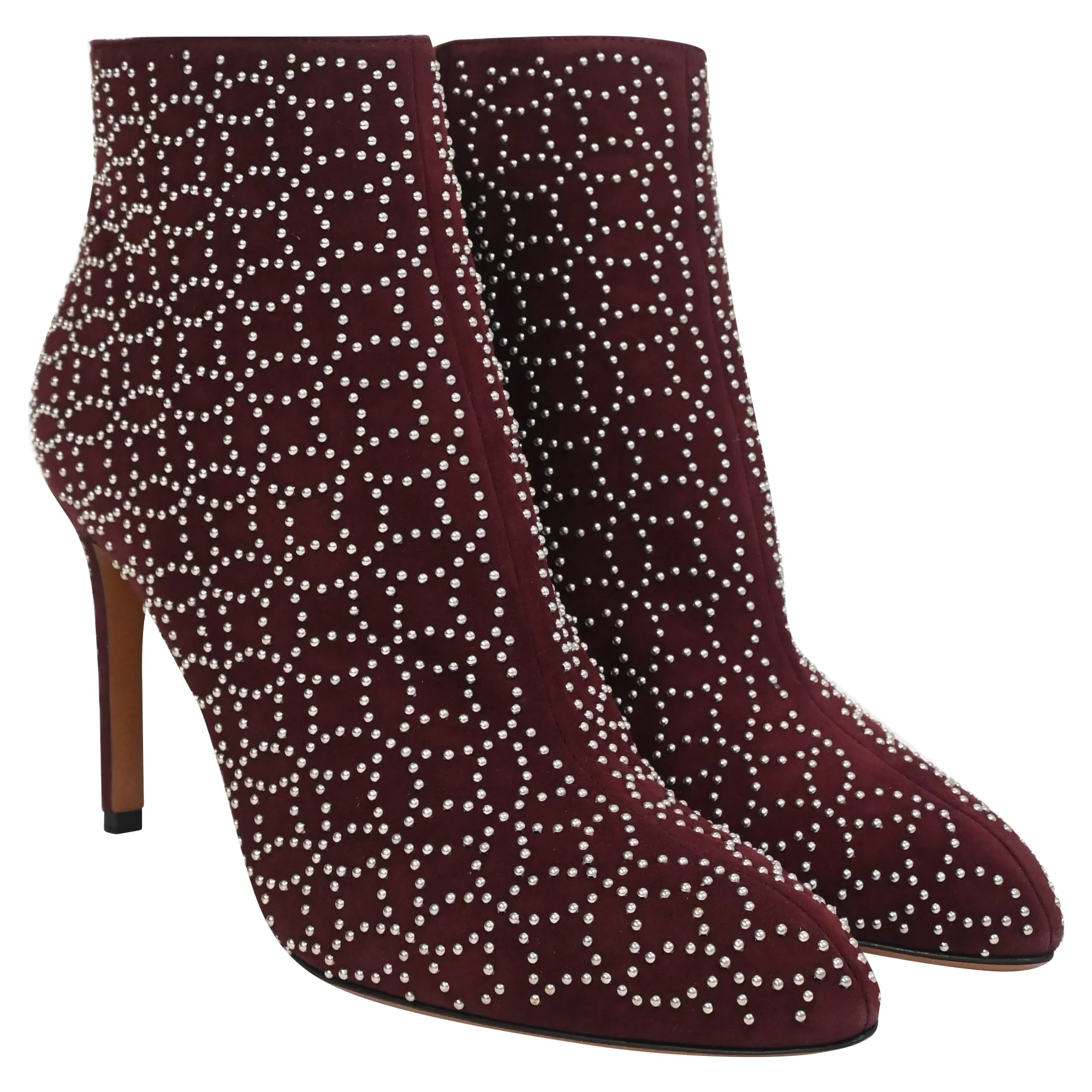 Alaa Azzedine Studded Ankle Boots in Burgundy Velvet