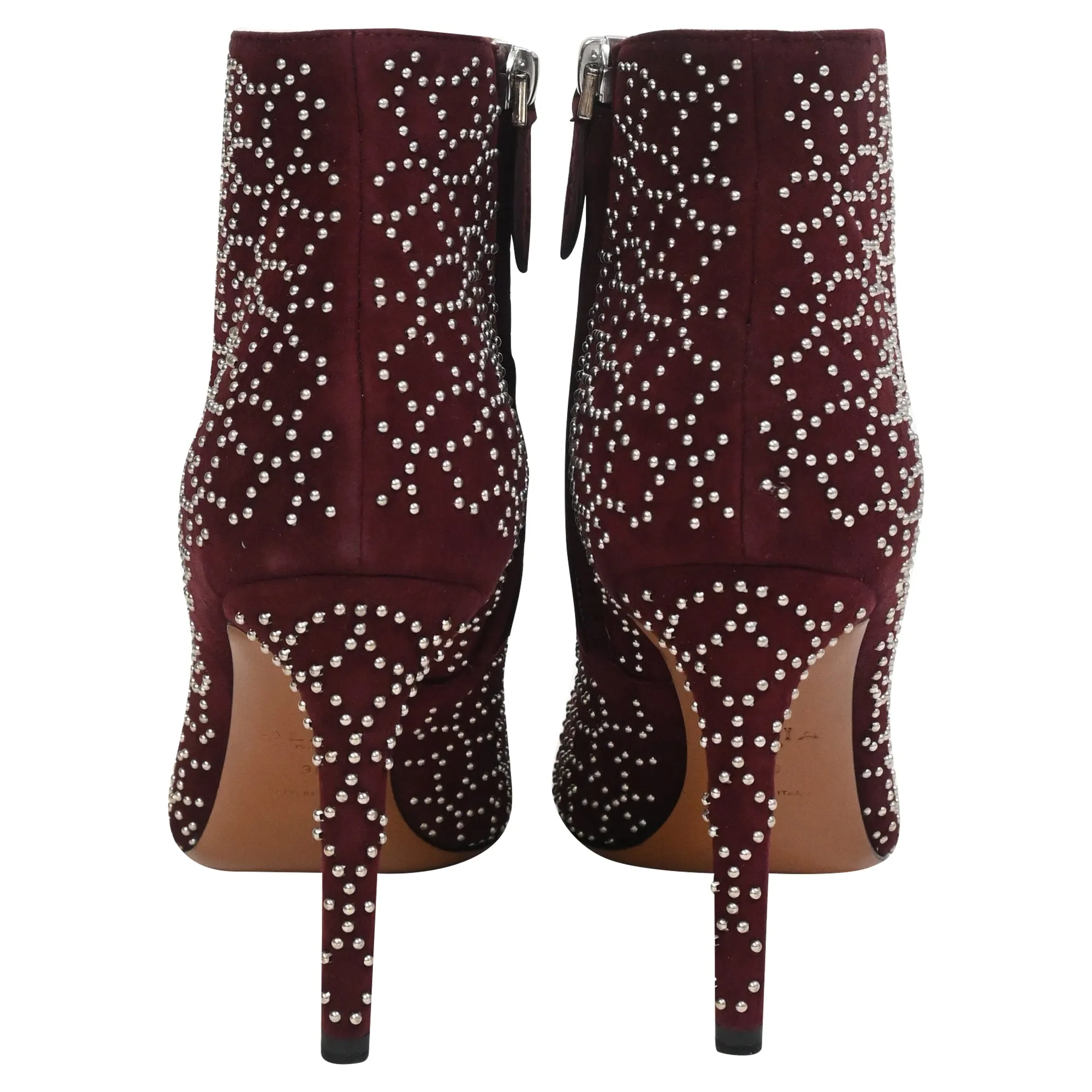 Alaa Azzedine Studded Ankle Boots in Burgundy Velvet