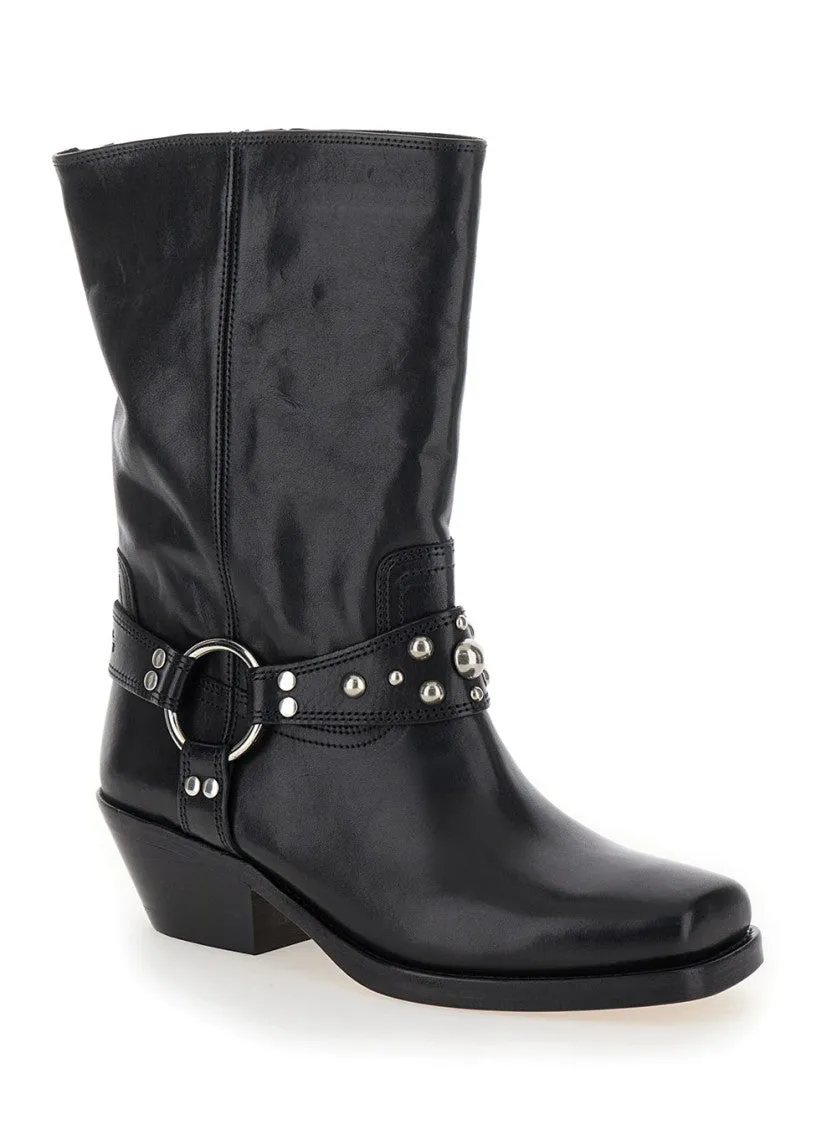 Anyta' Black Ankle Boots With Studs In Leather