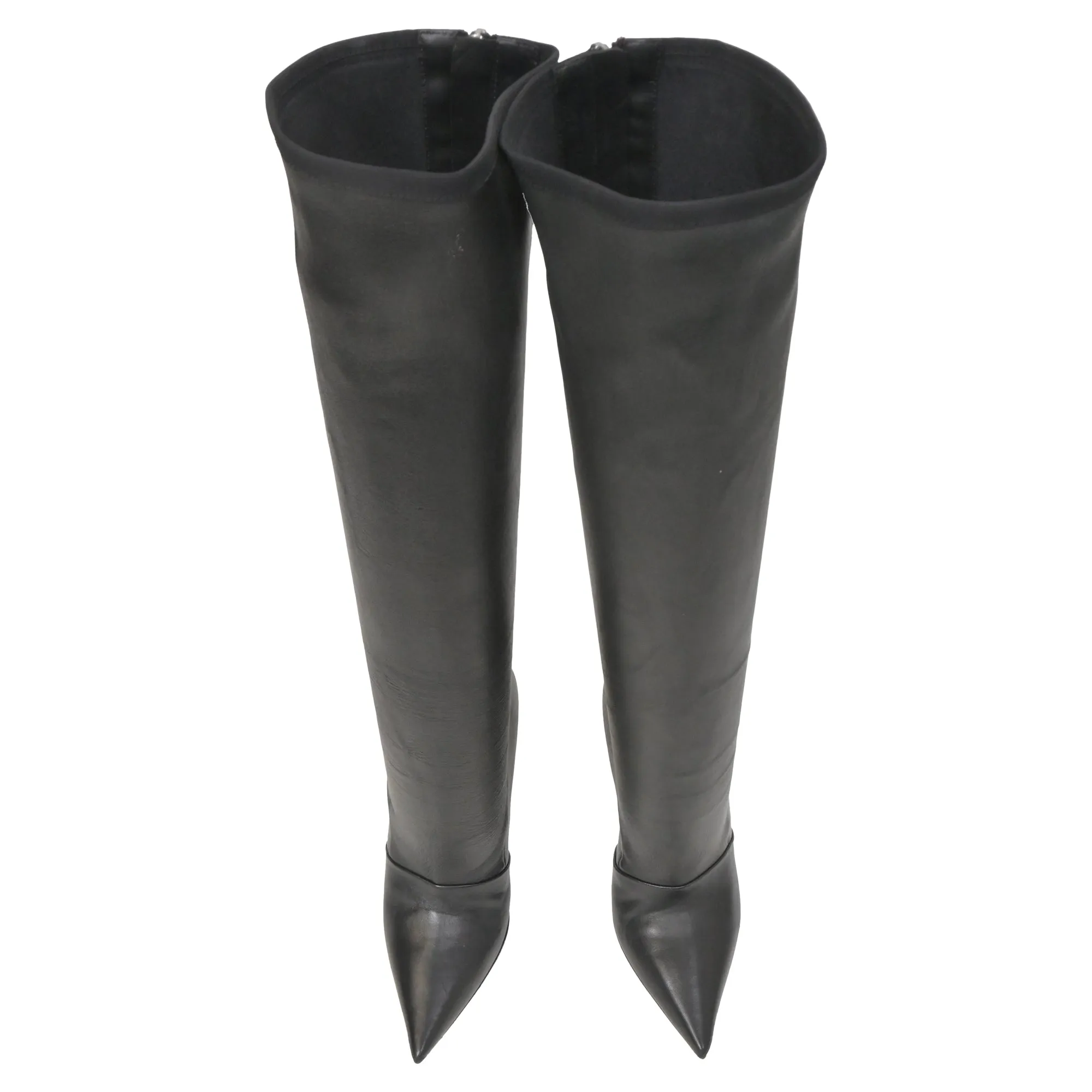 Balmain Pointed-Toe Knee-High Heeled Boots in Black Leather