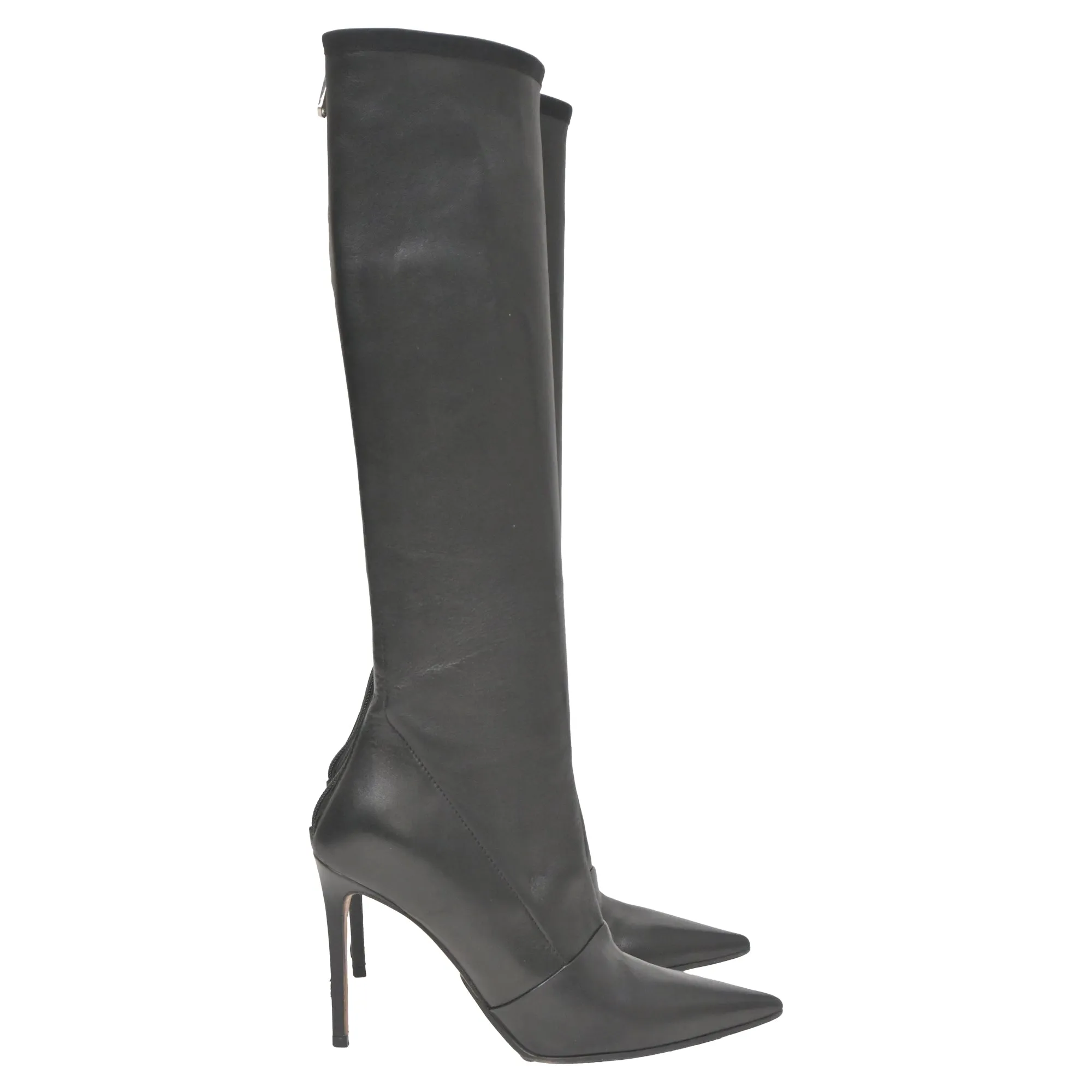 Balmain Pointed-Toe Knee-High Heeled Boots in Black Leather