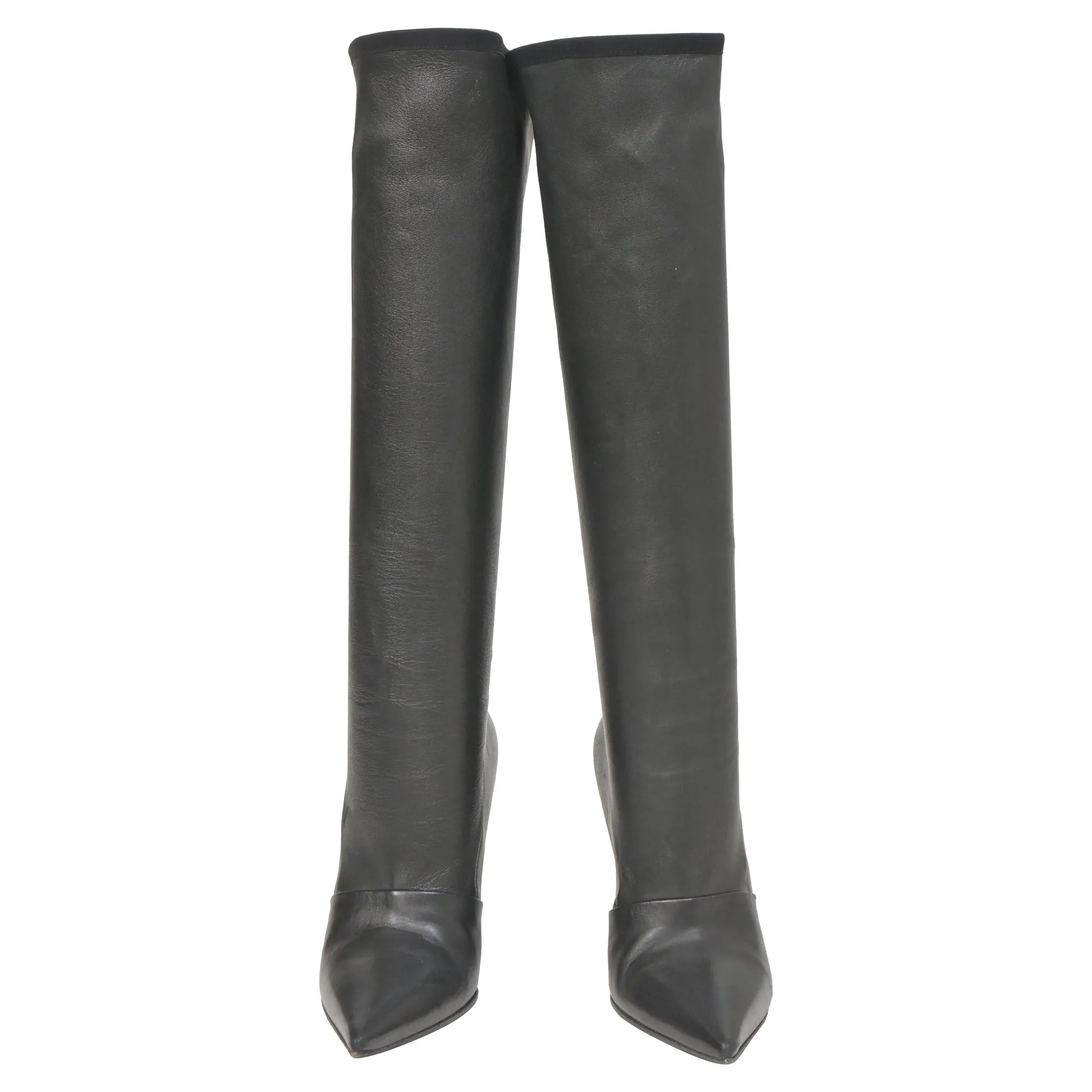 Balmain Pointed-Toe Knee-High Heeled Boots in Black Leather