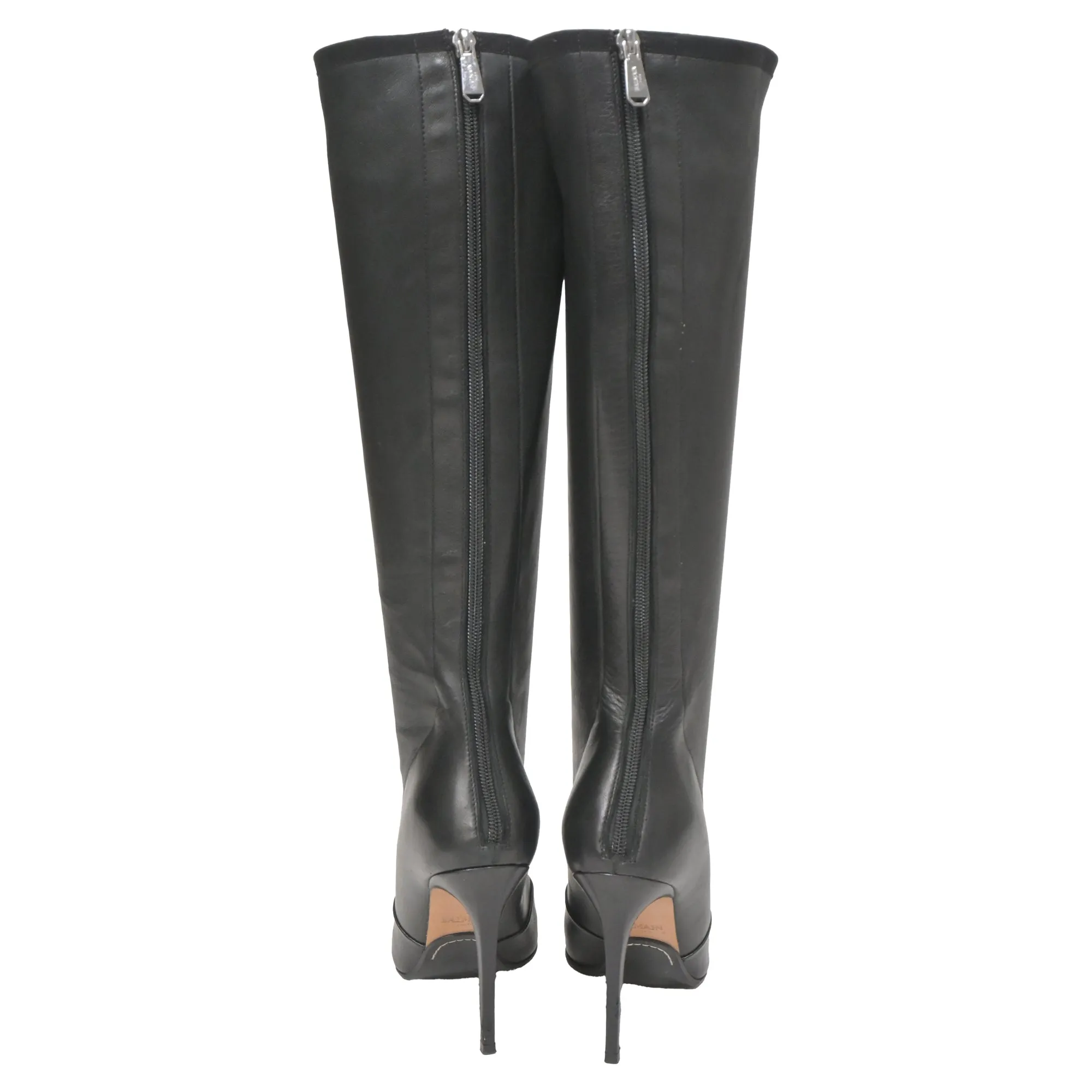 Balmain Pointed-Toe Knee-High Heeled Boots in Black Leather
