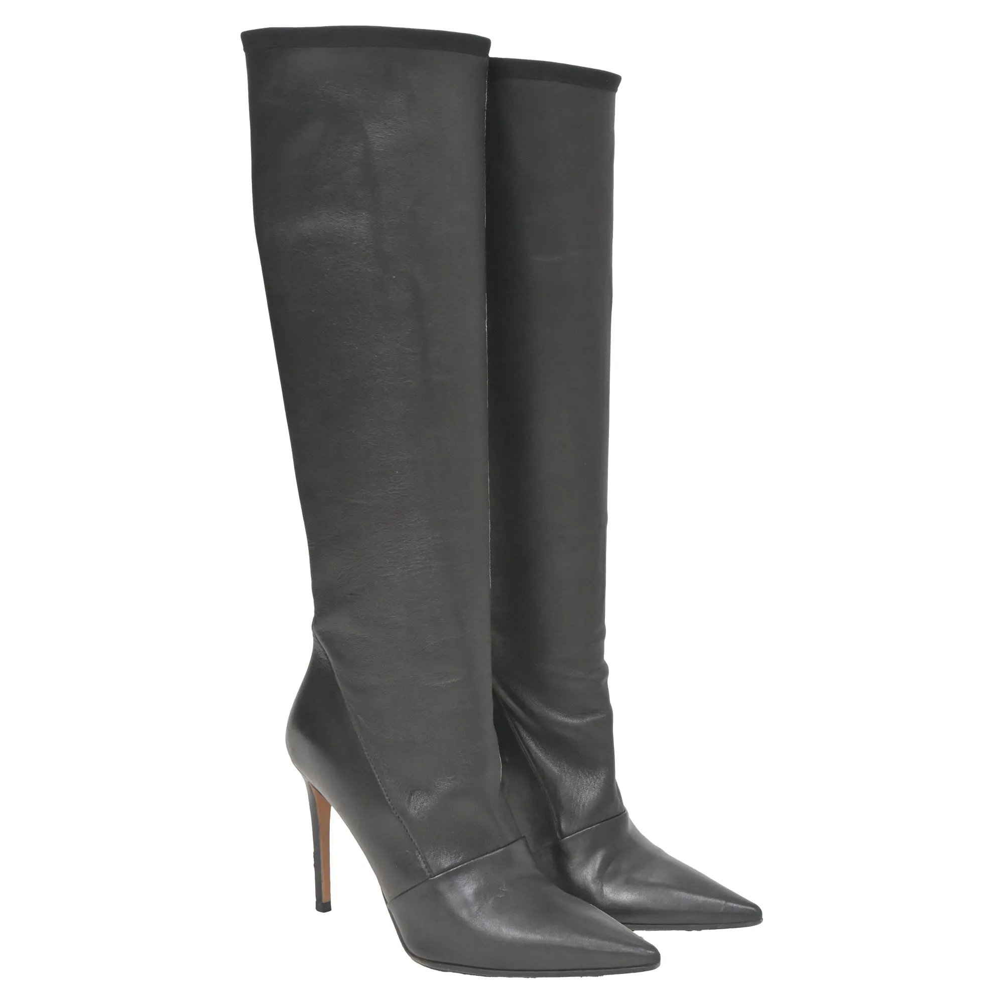 Balmain Pointed-Toe Knee-High Heeled Boots in Black Leather
