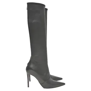 Balmain Pointed-Toe Knee-High Heeled Boots in Black Leather