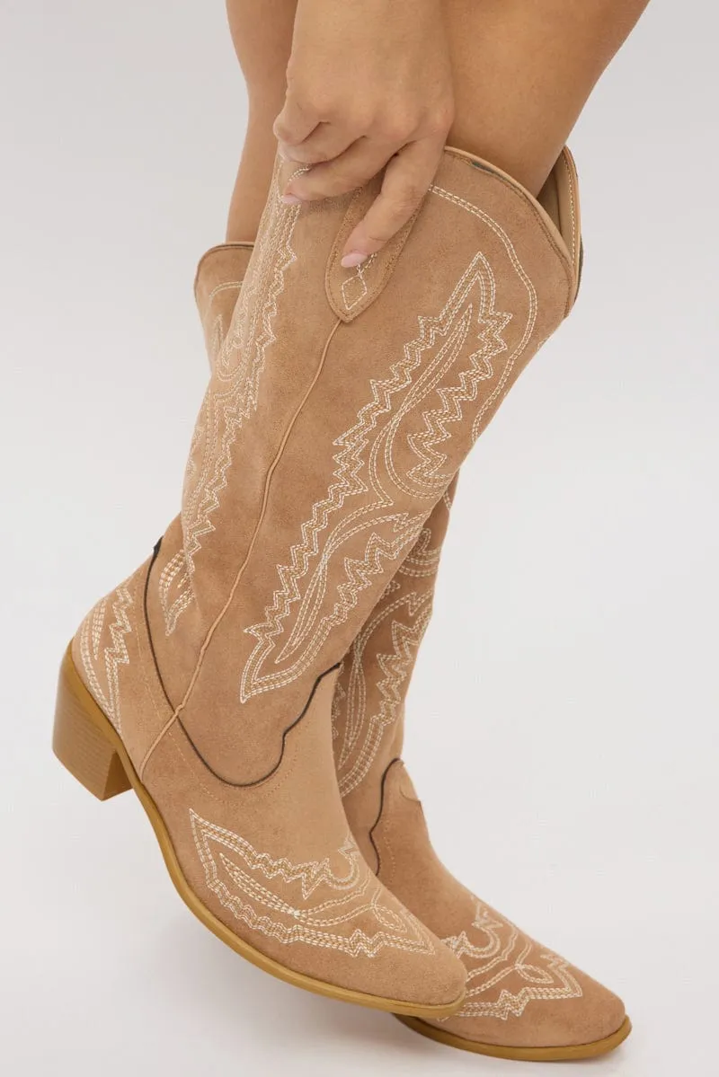 Beige Embroidered Western Cowboy Boots