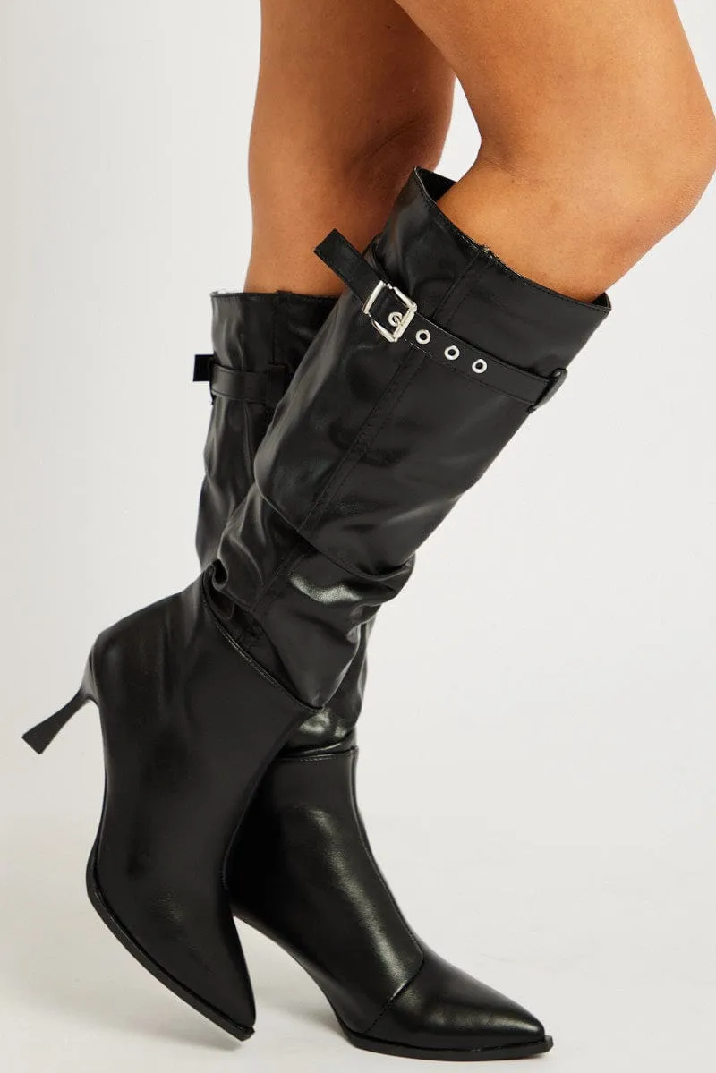 Black Buckle Detail Ruched Boots