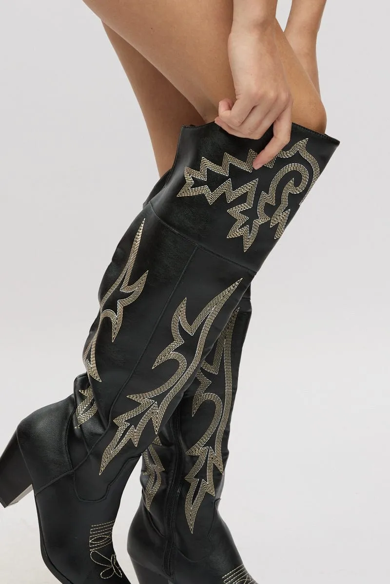 Black Over The Knee Western Boots