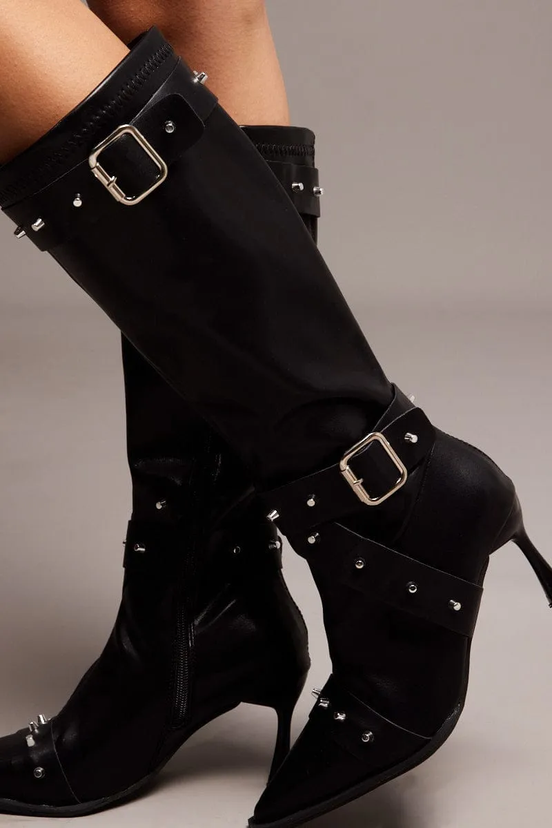 Black Studded Strap Heeled Knee Boots