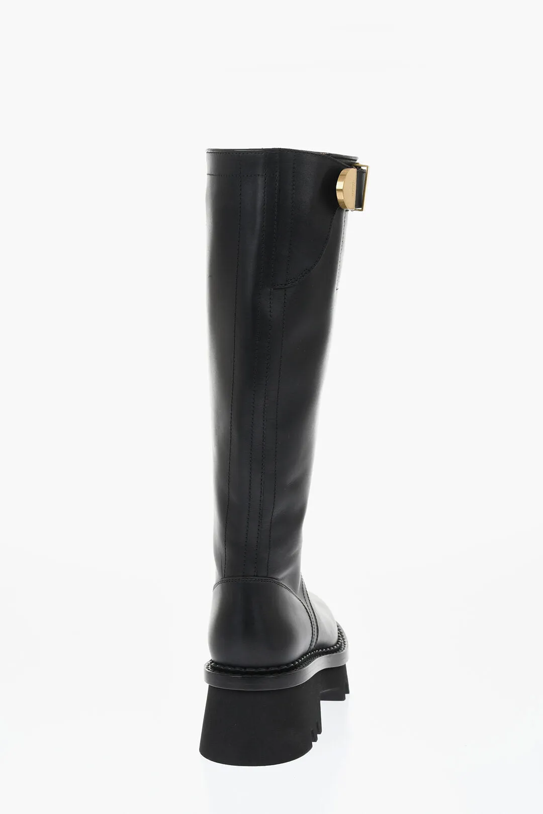 Chloe Leather Knee-High Boots With Buckle Detail And Tank Sole
