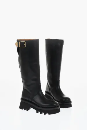 Chloe Leather Knee-High Boots With Buckle Detail And Tank Sole