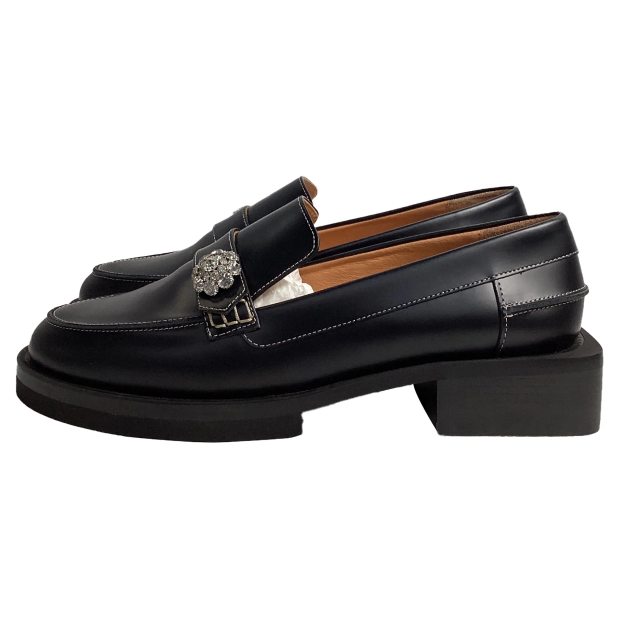 Ganni Crystal-Embellished Loafers in Black Leather