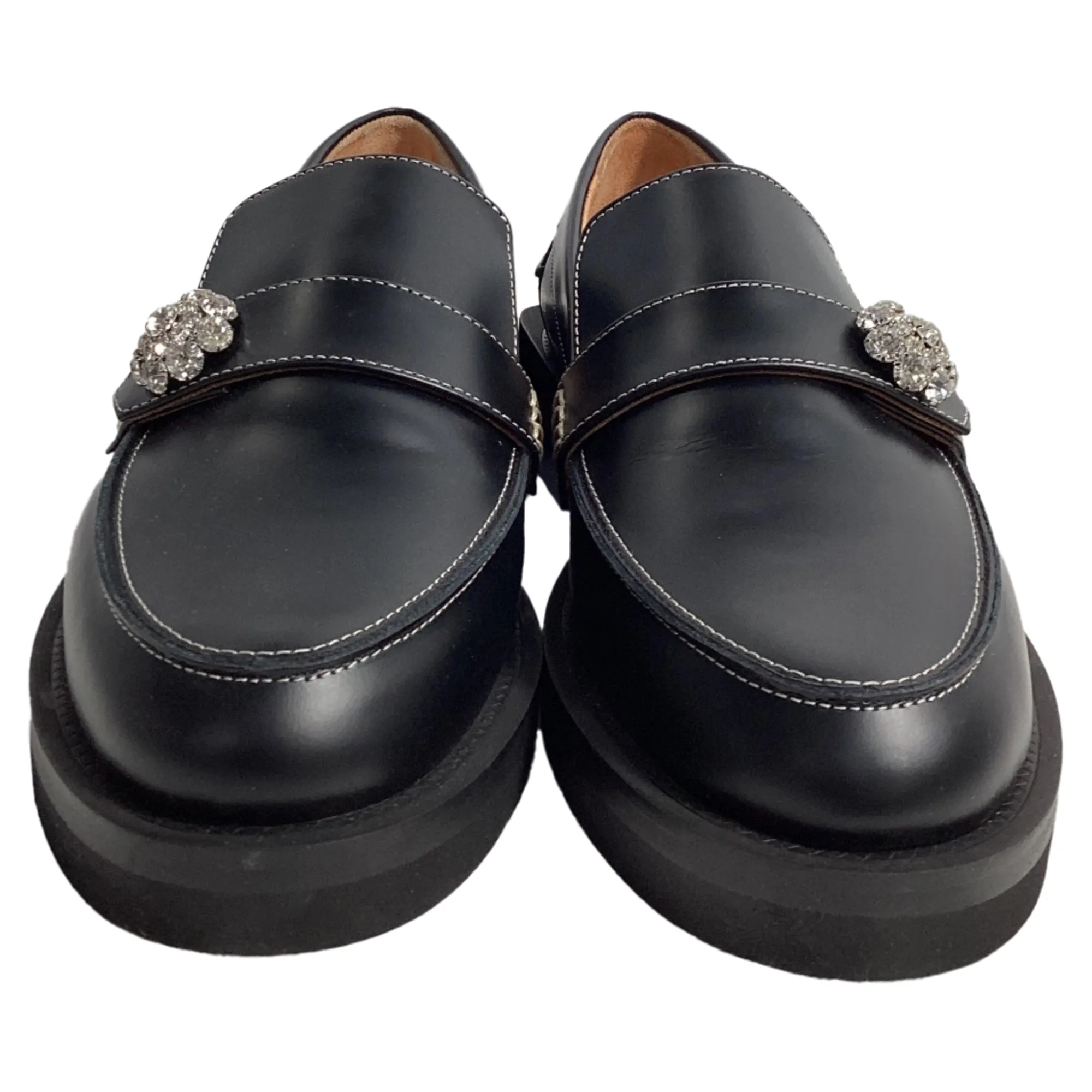 Ganni Crystal-Embellished Loafers in Black Leather