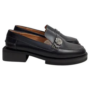 Ganni Crystal-Embellished Loafers in Black Leather