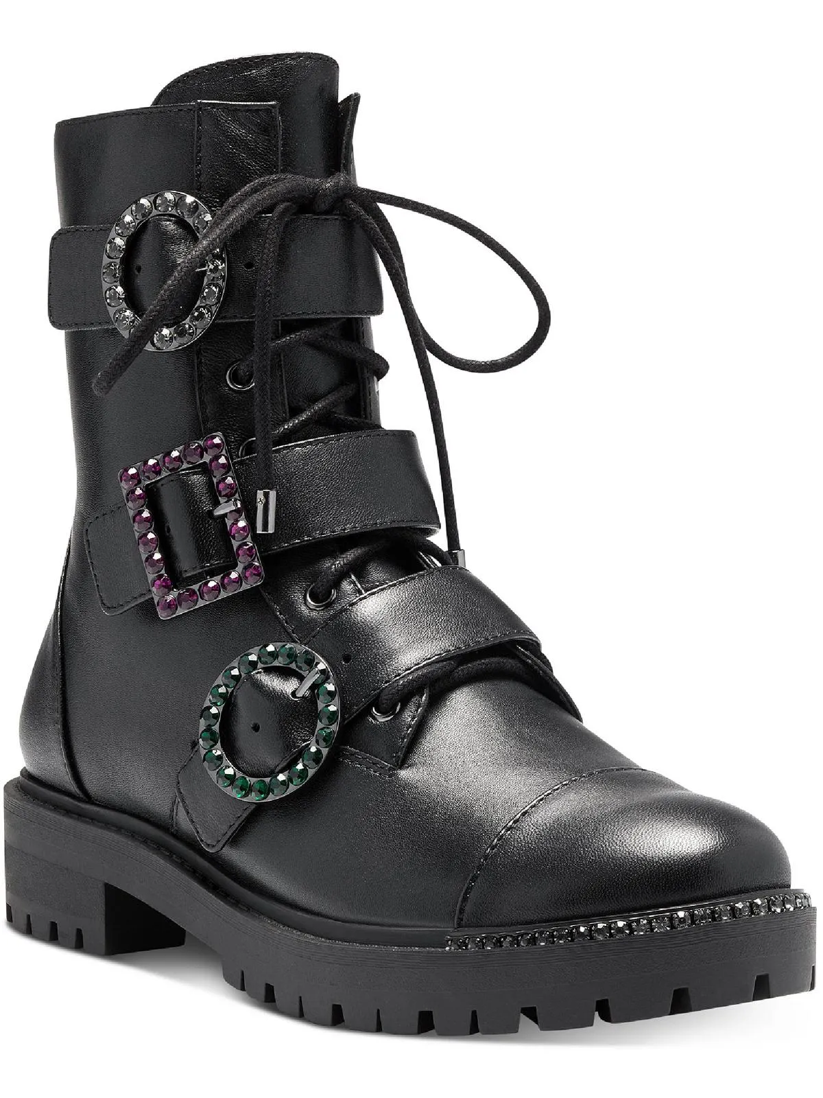 Kirlah  Womens Leather Buckle Combat Boots