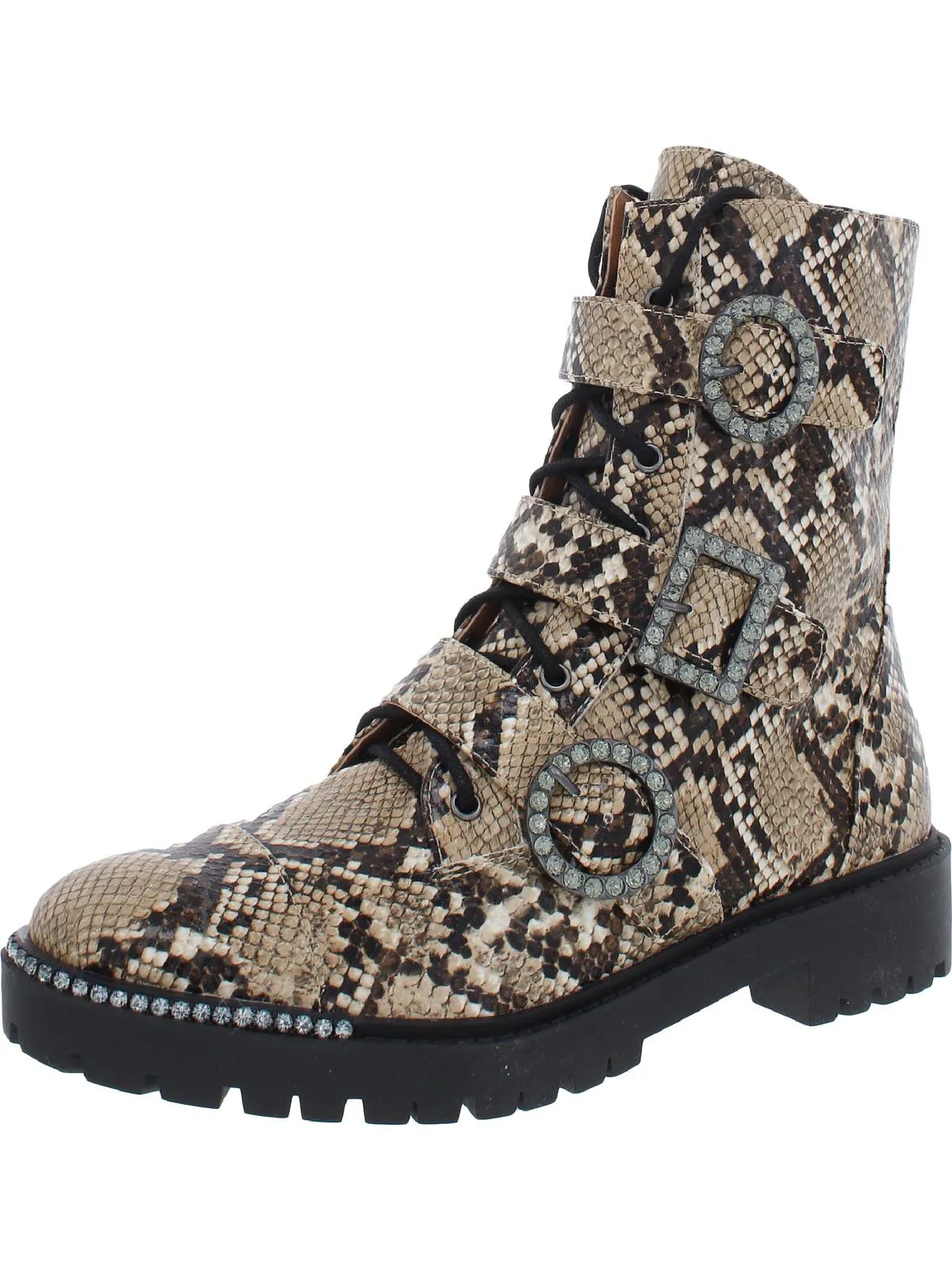 Kirlah  Womens Leather Buckle Combat Boots