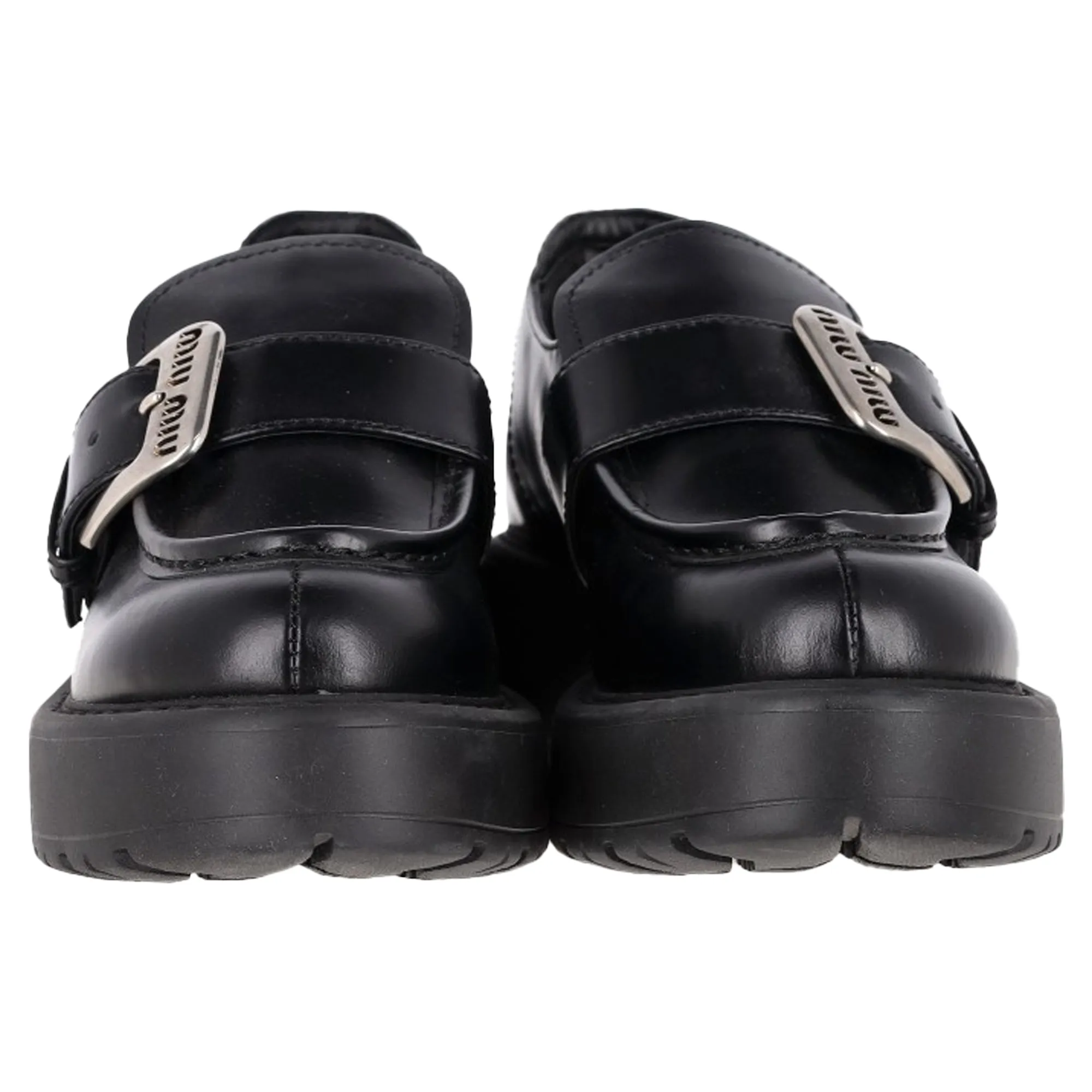 Miu Miu Logo Buckled Platform Loafers in Black Leather