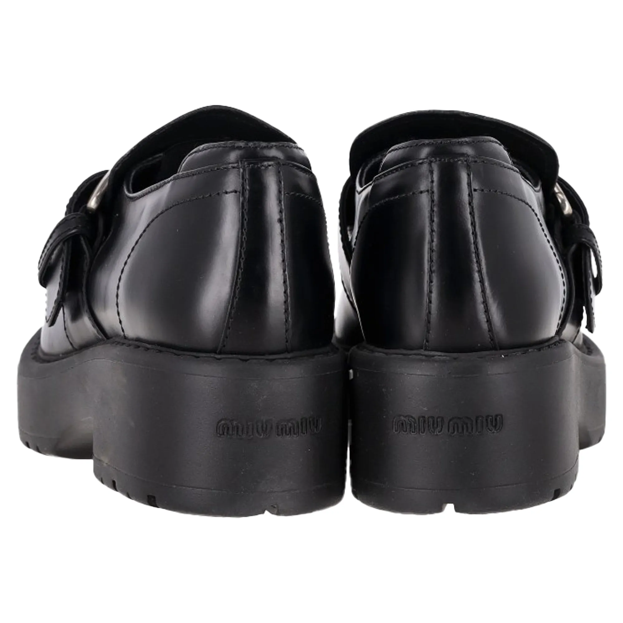 Miu Miu Logo Buckled Platform Loafers in Black Leather