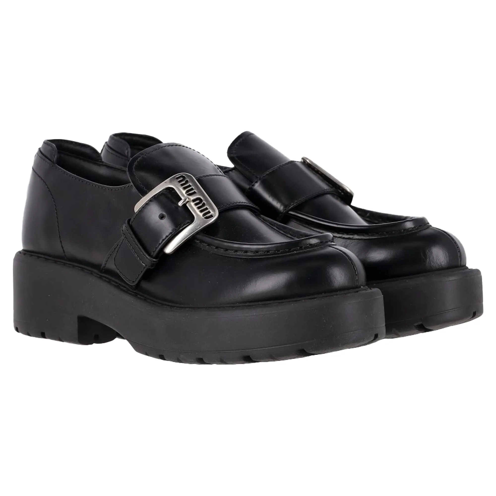Miu Miu Logo Buckled Platform Loafers in Black Leather