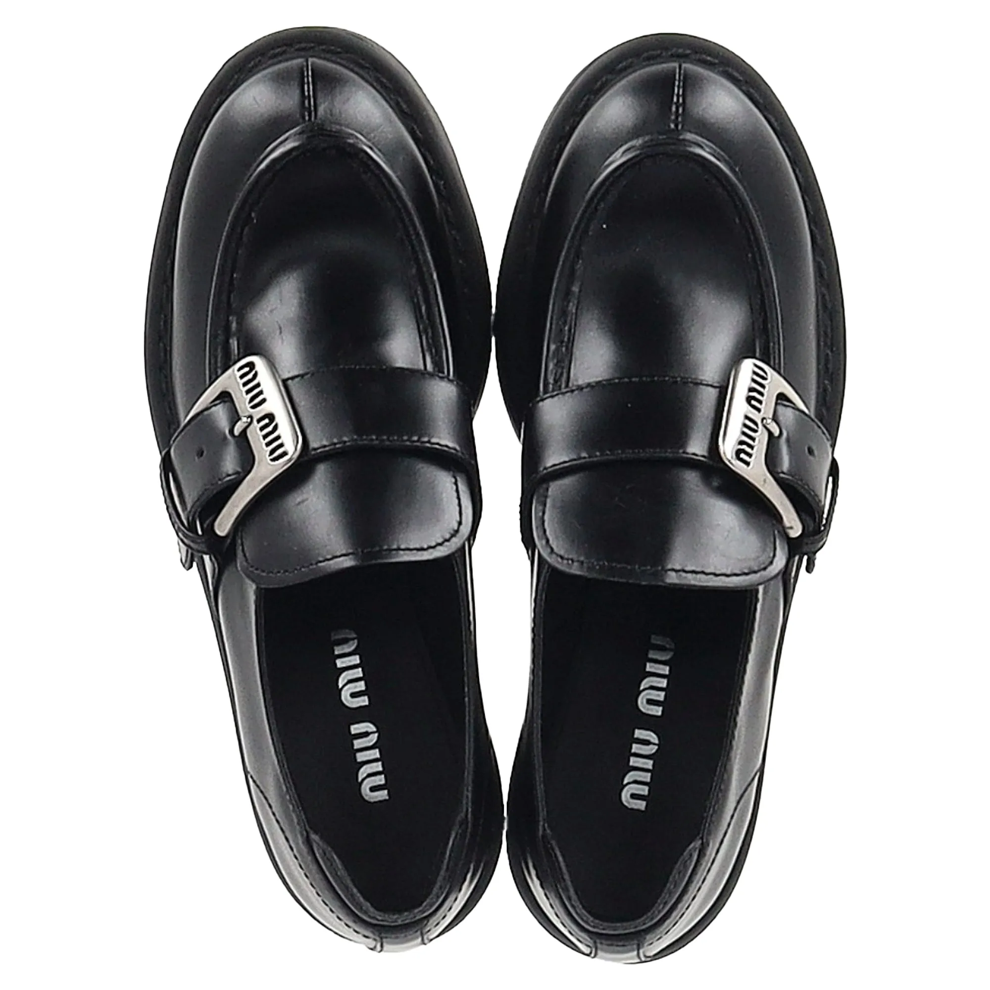 Miu Miu Logo Buckled Platform Loafers in Black Leather