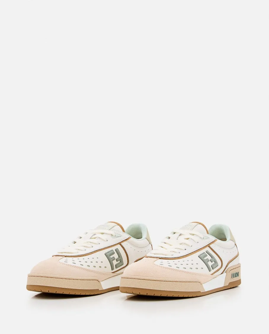 Mixed Leather And Denim Sneakers With Embossed Logo