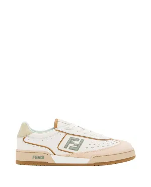 Mixed Leather And Denim Sneakers With Embossed Logo