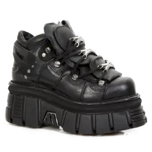 New Rock 106-S29 Tower Shoes Metallic Black Leather Biker Punk Gothic Boots