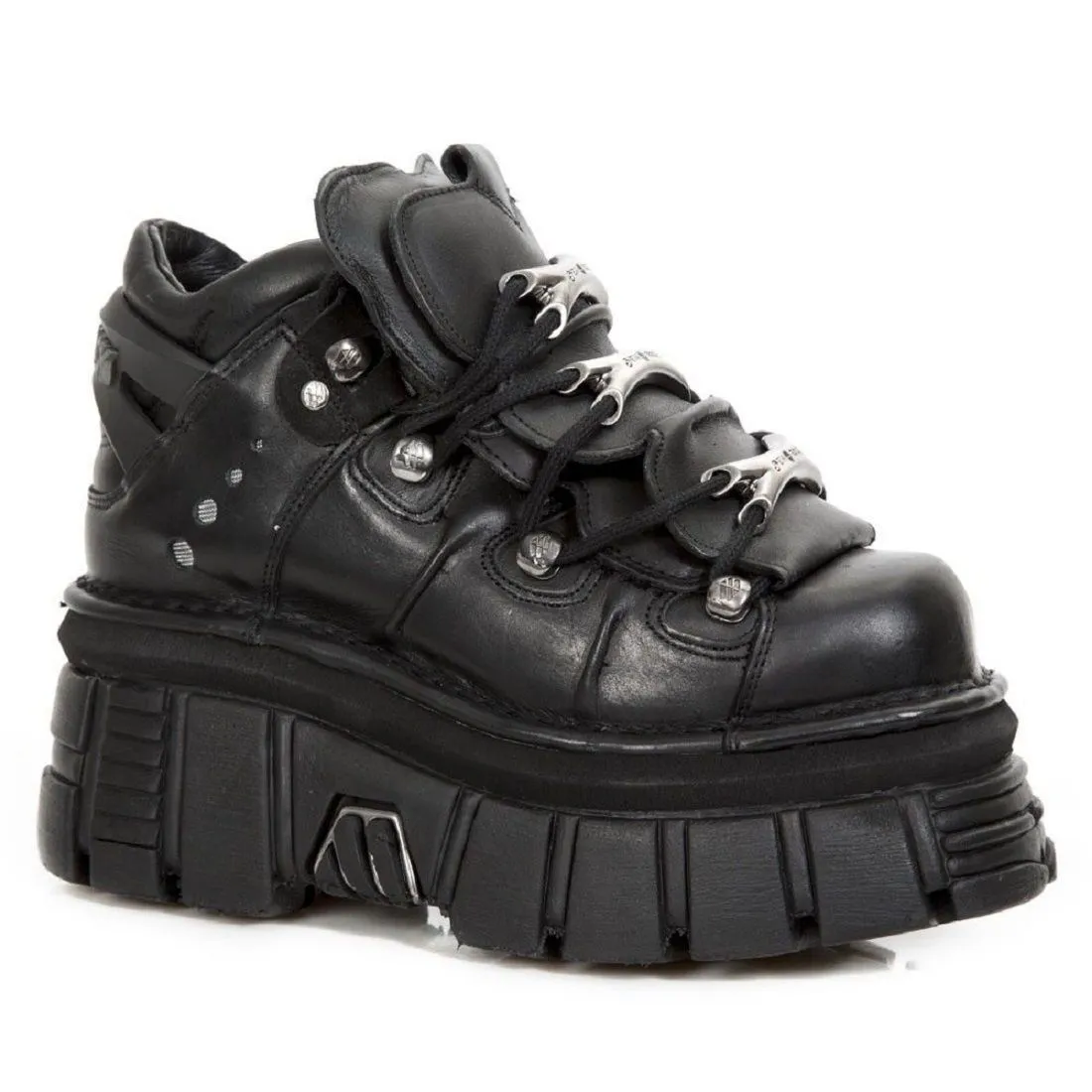 New Rock 106-S29 Tower Shoes Metallic Black Leather Biker Punk Gothic Boots