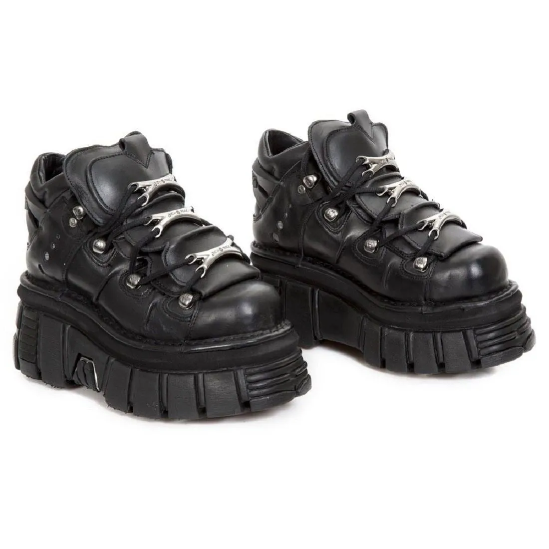 New Rock 106-S29 Tower Shoes Metallic Black Leather Biker Punk Gothic Boots