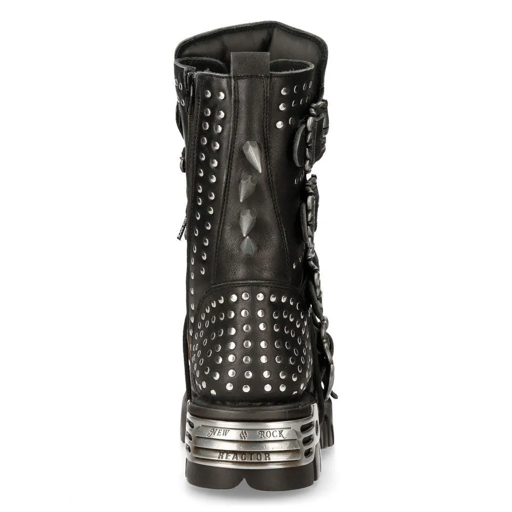 New Rock Black Leather Studded Gothic Boots-1535-S1