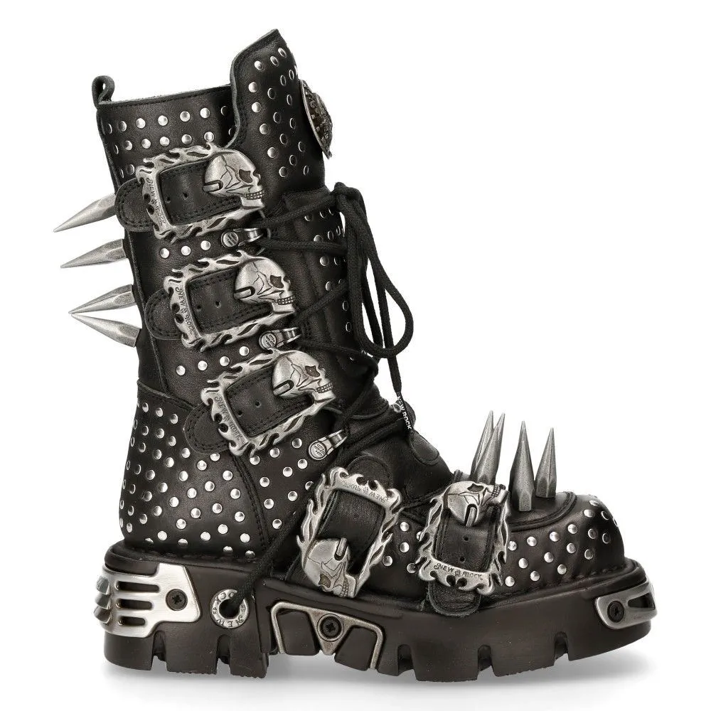 New Rock Black Leather Studded Gothic Boots-1535-S1