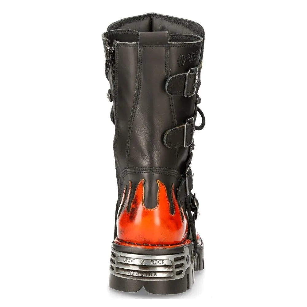 New Rock Flame Accented Black/Red Leather Boots- 591-S1