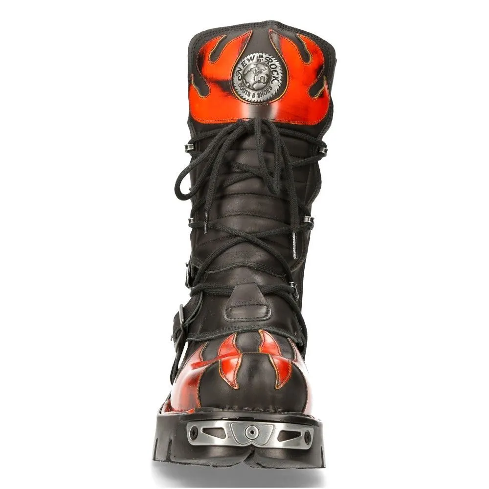 New Rock Flame Accented Black/Red Leather Boots- 591-S1