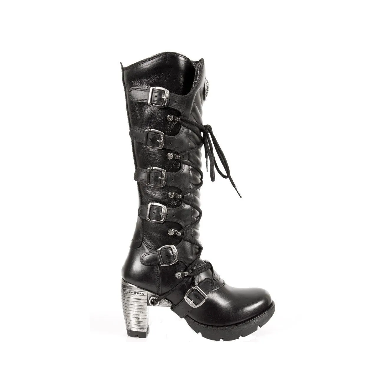 New Rock Ladies Black Buckle Laced Knee-High Boots- TR004-S1