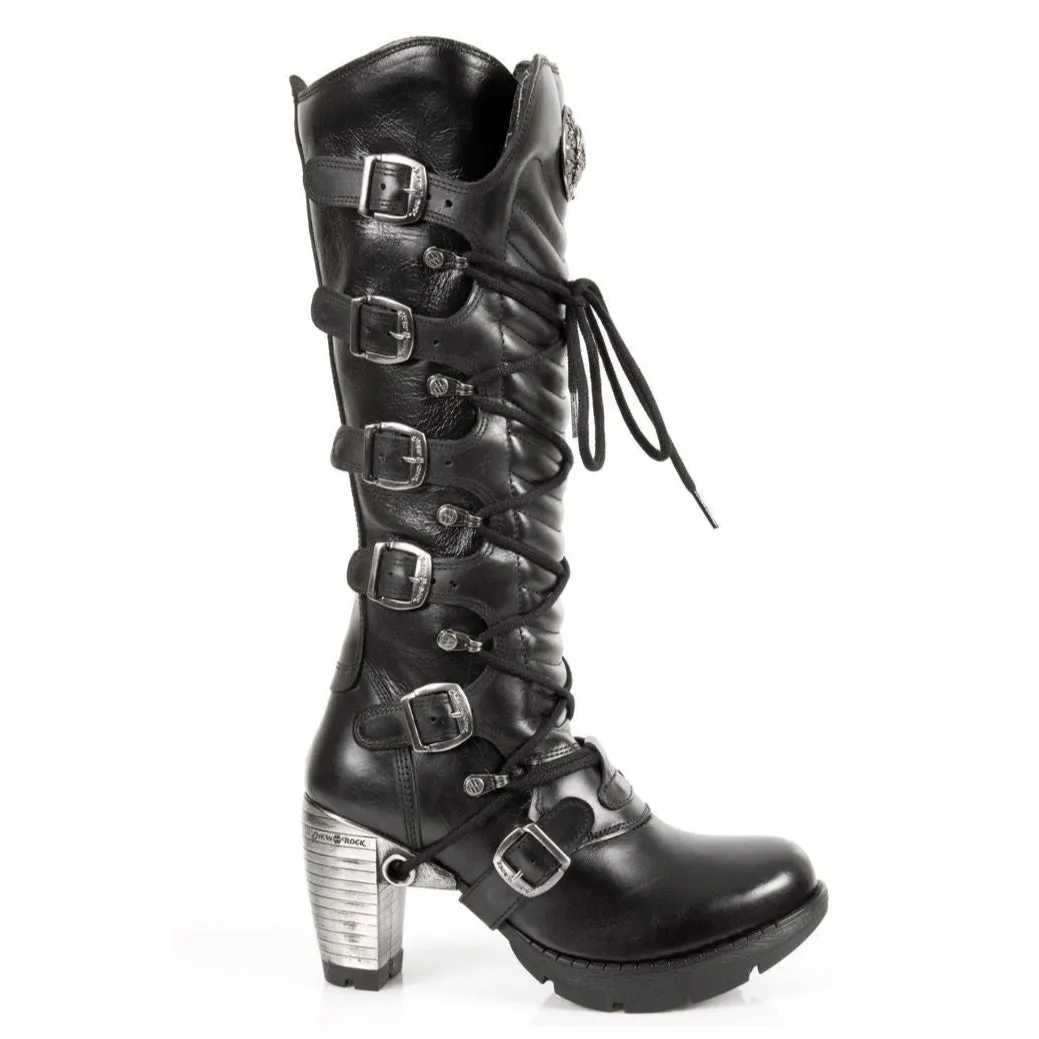 New Rock Ladies Black Buckle Laced Knee-High Boots- TR004-S1