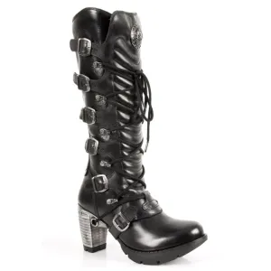 New Rock Ladies Black Buckle Laced Knee-High Boots- TR004-S1
