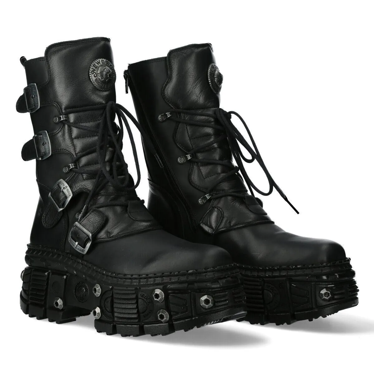 New Rock Leather Mid Calf Black Boots-WALL373-S11