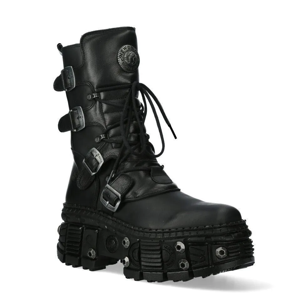 New Rock Leather Mid Calf Black Boots-WALL373-S11