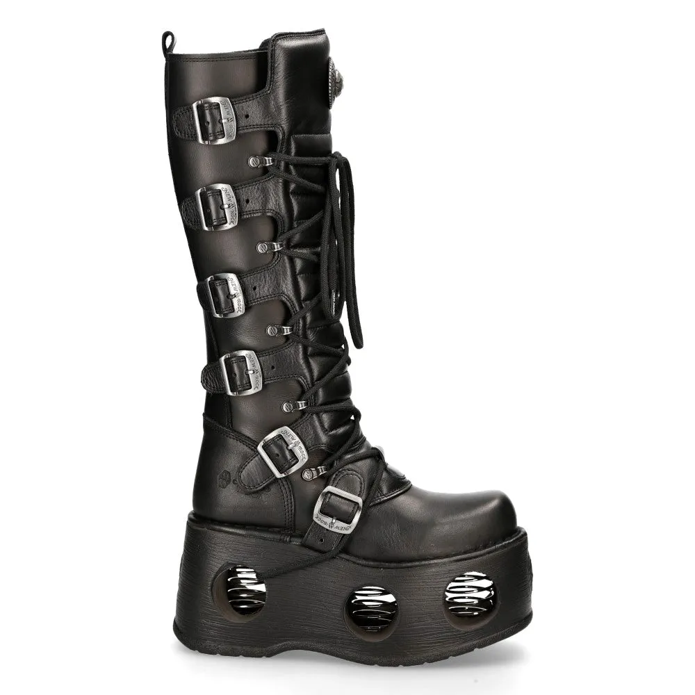 New Rock M-272-S2 Neptuno Metallic Knee High Black Leather Gothic Boots