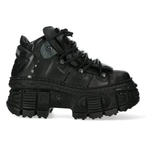 New Rock Metallic Ankle Black Leather Boots-WALL106-S12
