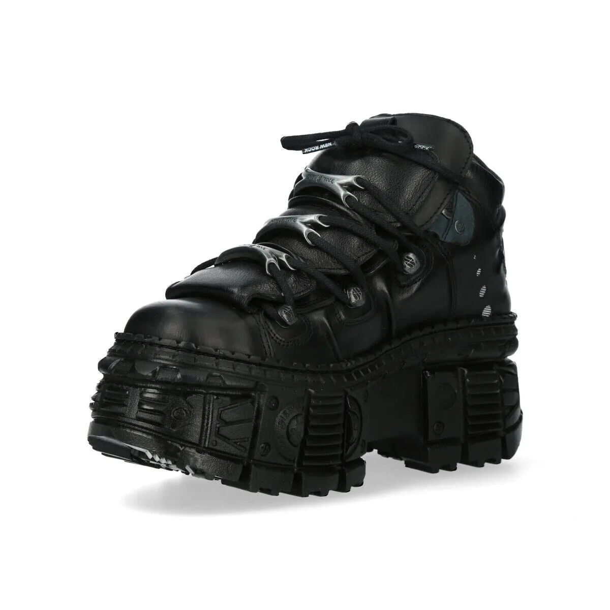 New Rock Metallic Ankle Black Leather Boots-WALL106-S12