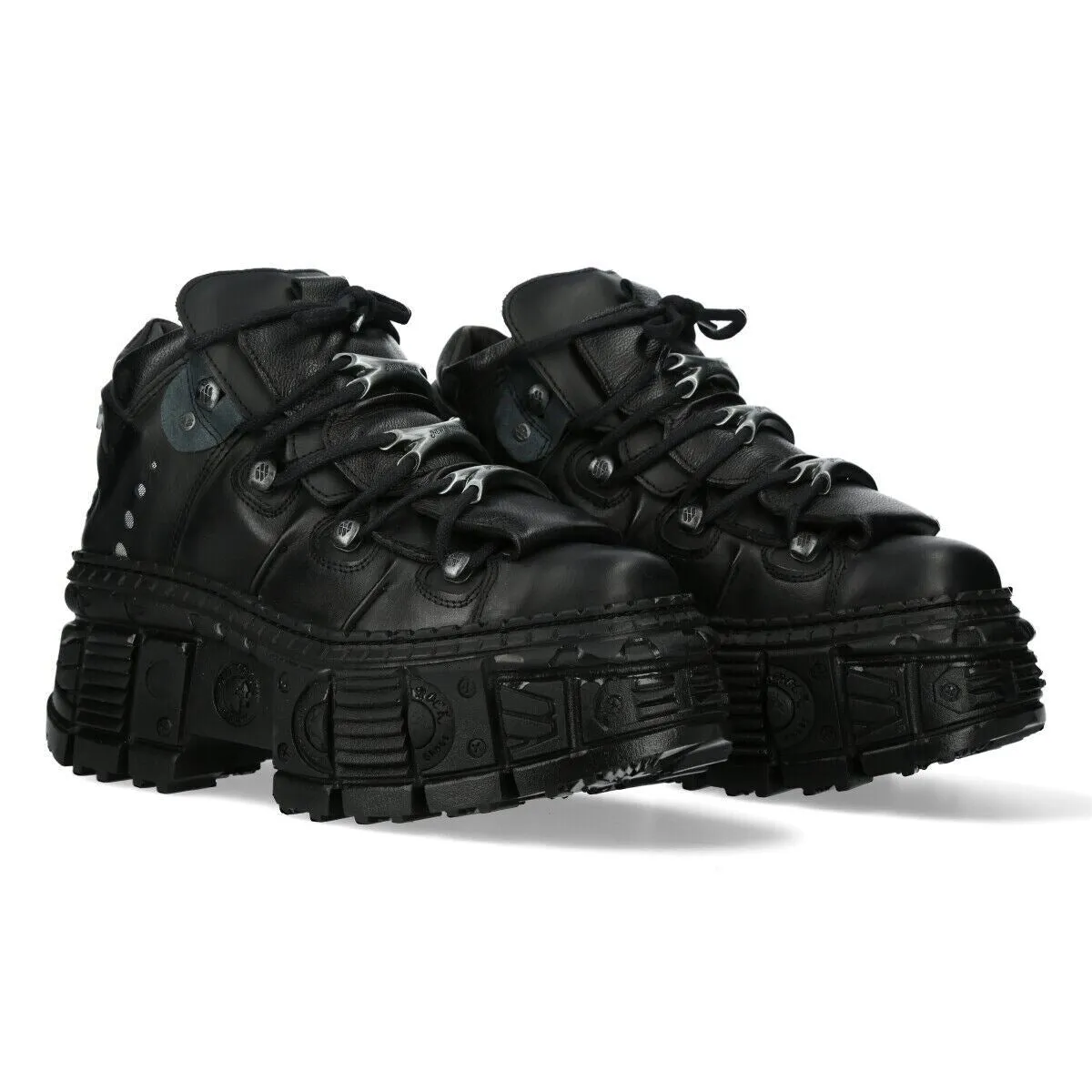 New Rock Metallic Ankle Black Leather Boots-WALL106-S12