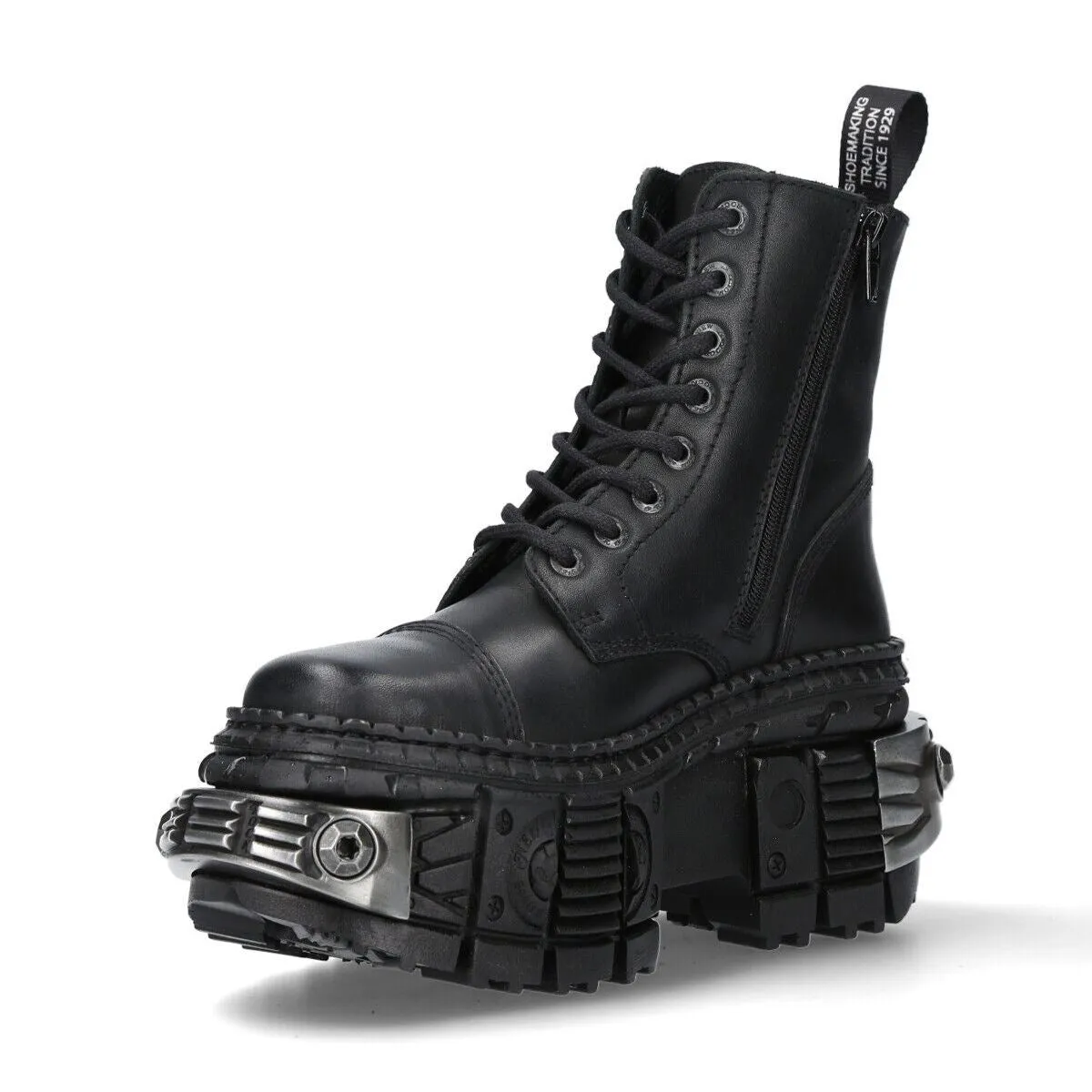 New Rock Metallic Black Leather Boots-WALL083C-S4