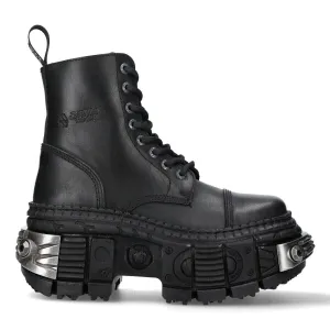 New Rock Metallic Black Leather Boots-WALL083C-S4