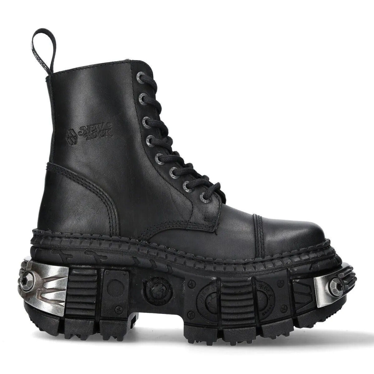 New Rock Metallic Black Leather Boots-WALL083C-S4