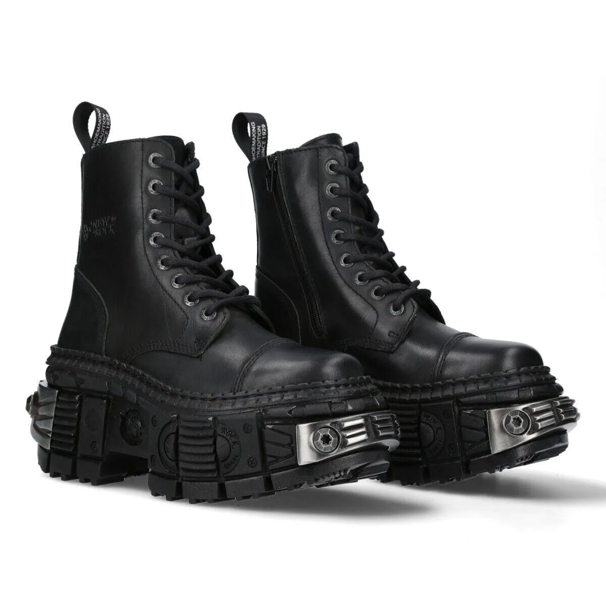 New Rock Metallic Black Leather Boots-WALL083C-S4