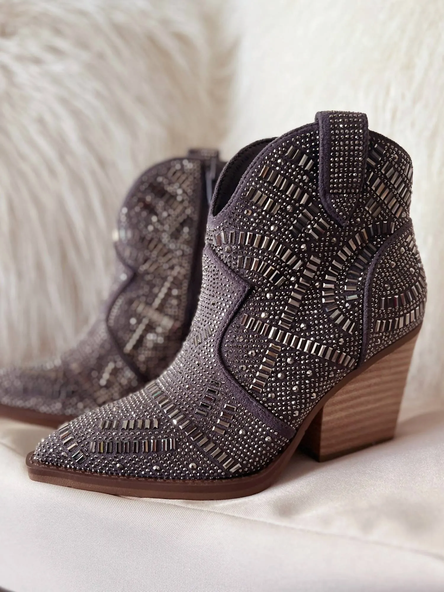 One Day Rhinestone Fashion Booties In Grey