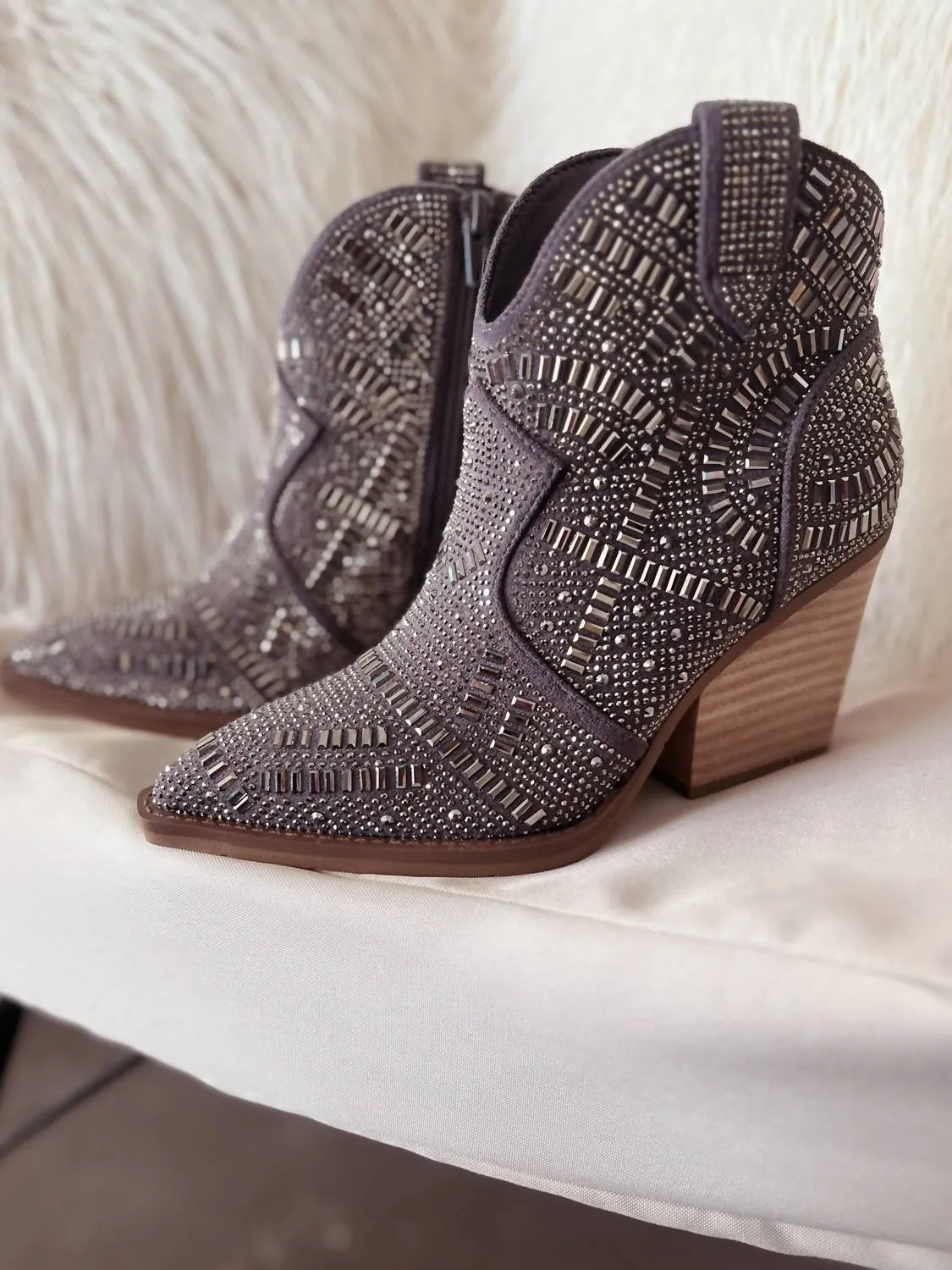 One Day Rhinestone Fashion Booties In Grey