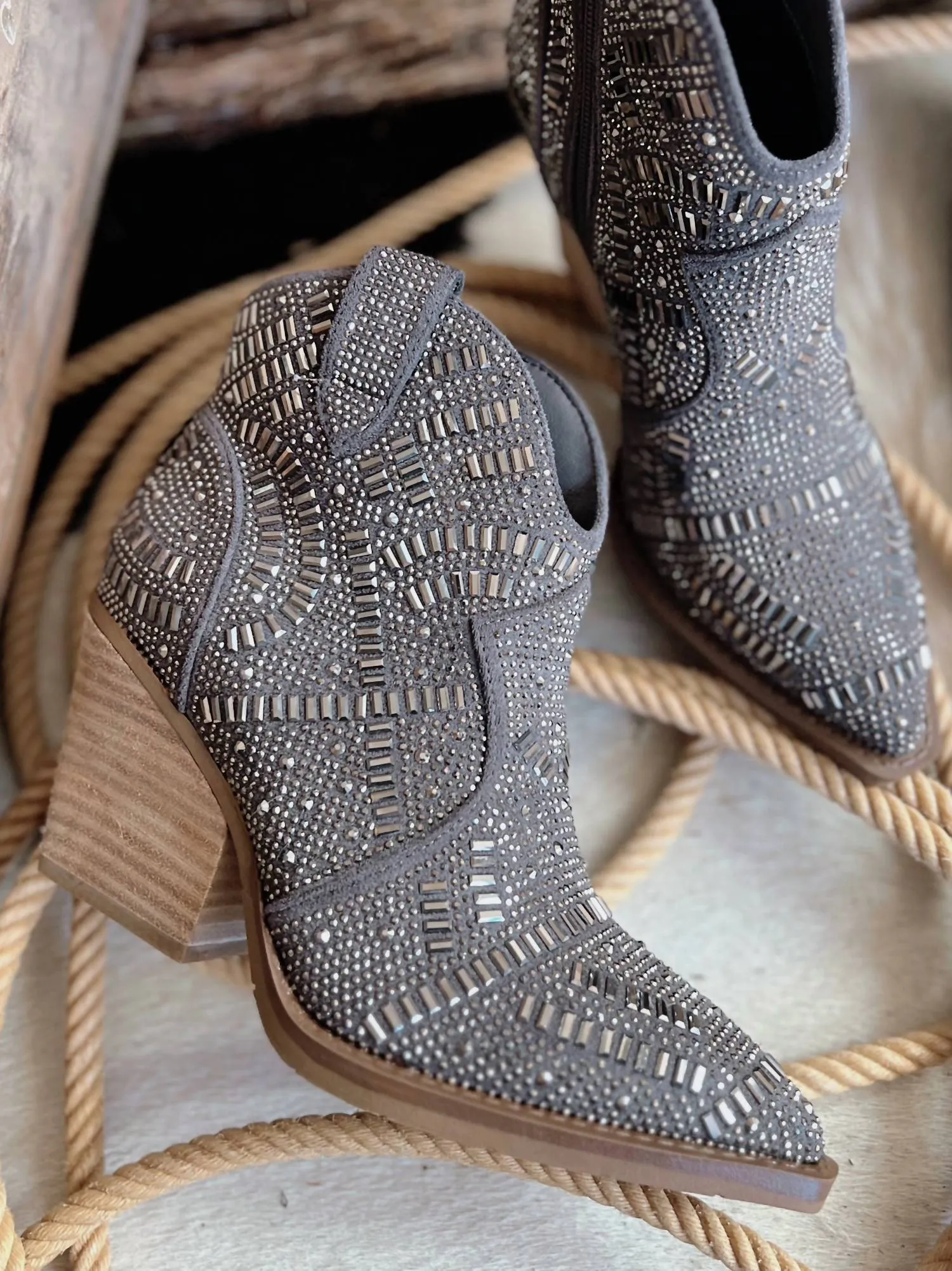 One Day Rhinestone Fashion Booties In Grey