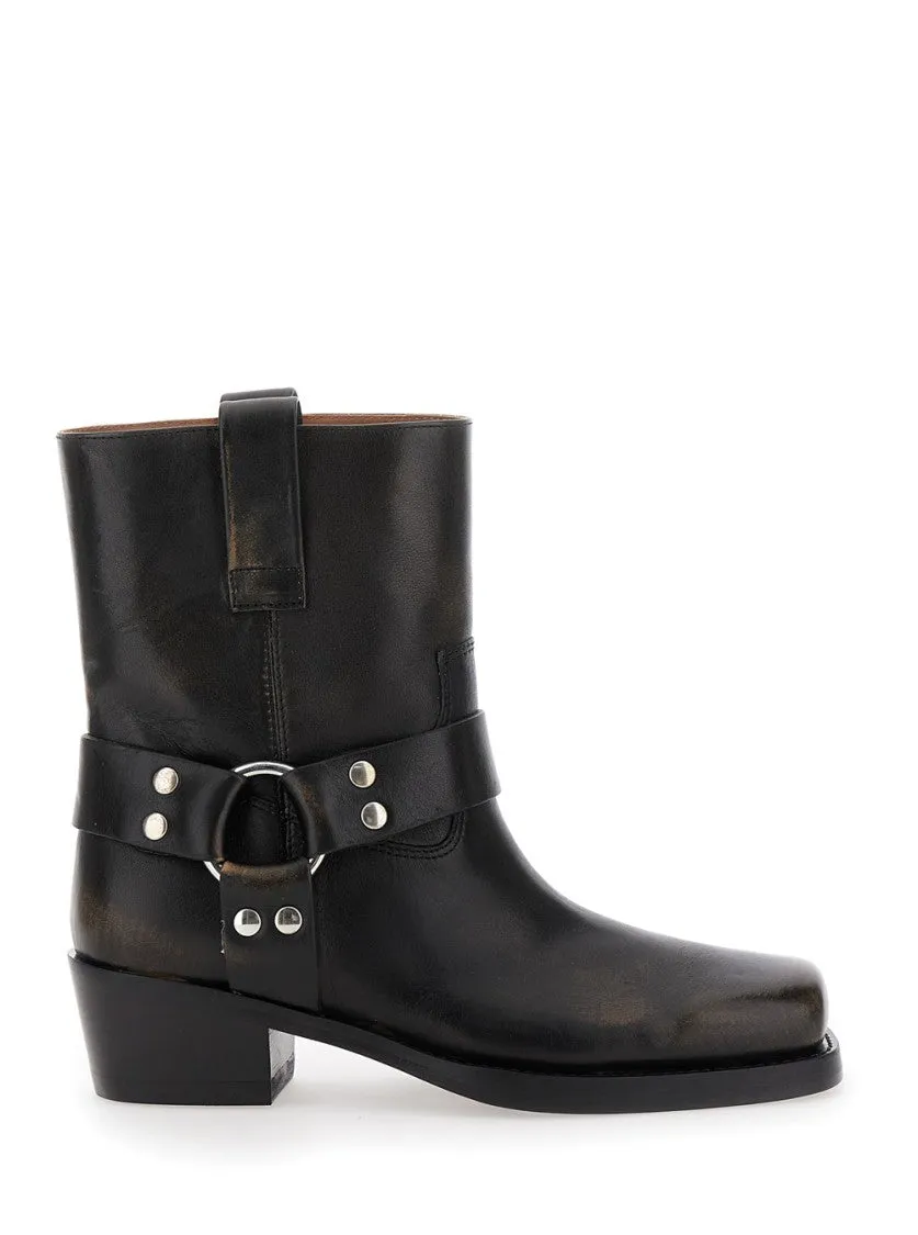 Roxy' Black Western Style Ankle Boots With Brown Nuances In Leather